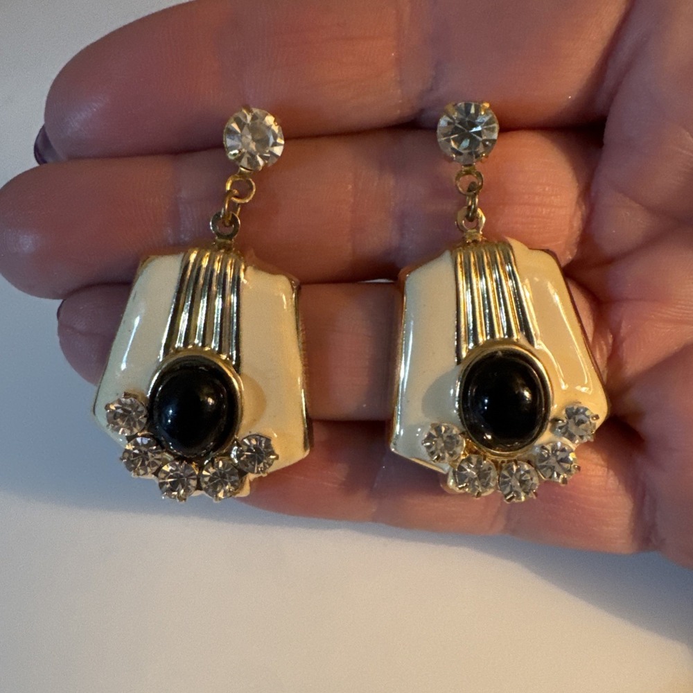 Vintage Art Deco Style Enamel Ivory Blk Rhinestone Pierced Earrings